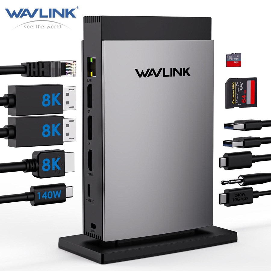 WAVLINK USB C Docking Station PD3.1 Triple Display with 140W Power, 8K Displayport*2 + 8K HDMI, RJ45, 10G USB-C, 2 USB 3.0, SD/TF Slot, Audio/Mic, for M1/M2/M3&Win